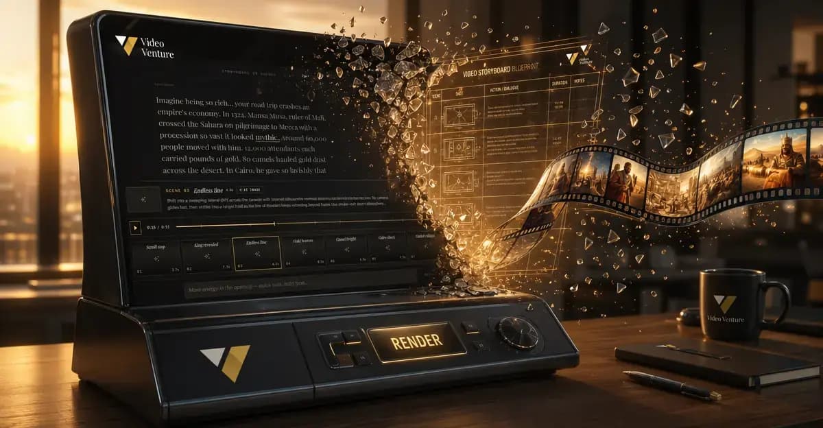 A glowing blueprint of a video storyboard transforming into a cinematic video filmstrip on a modern desk