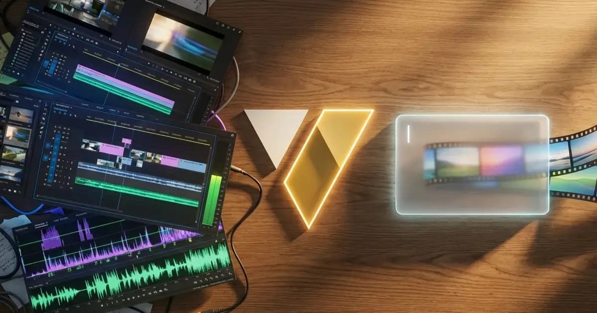 A split screen showing a messy, complicated CapCut timeline on the left, and the clean VideoVenture text prompt box on the right