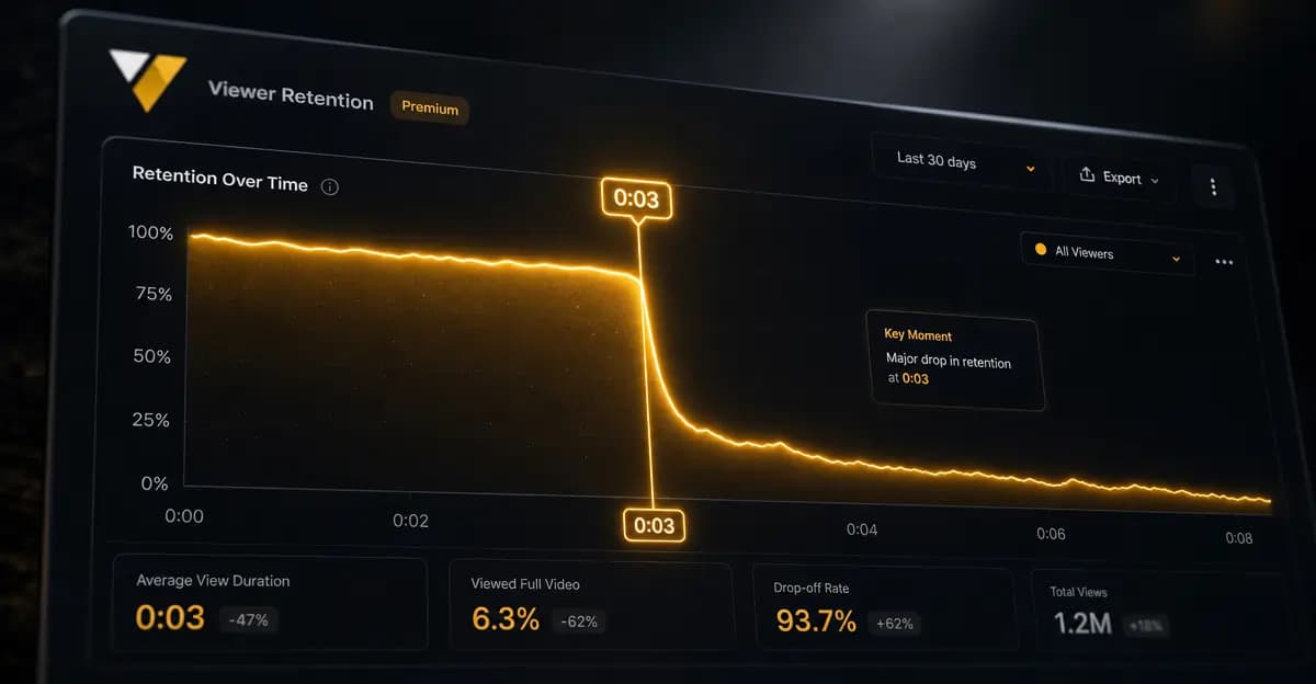 A cinematic timeline showing retention dropping off at the 3-second mark, glowing in VideoVenture interface colors.