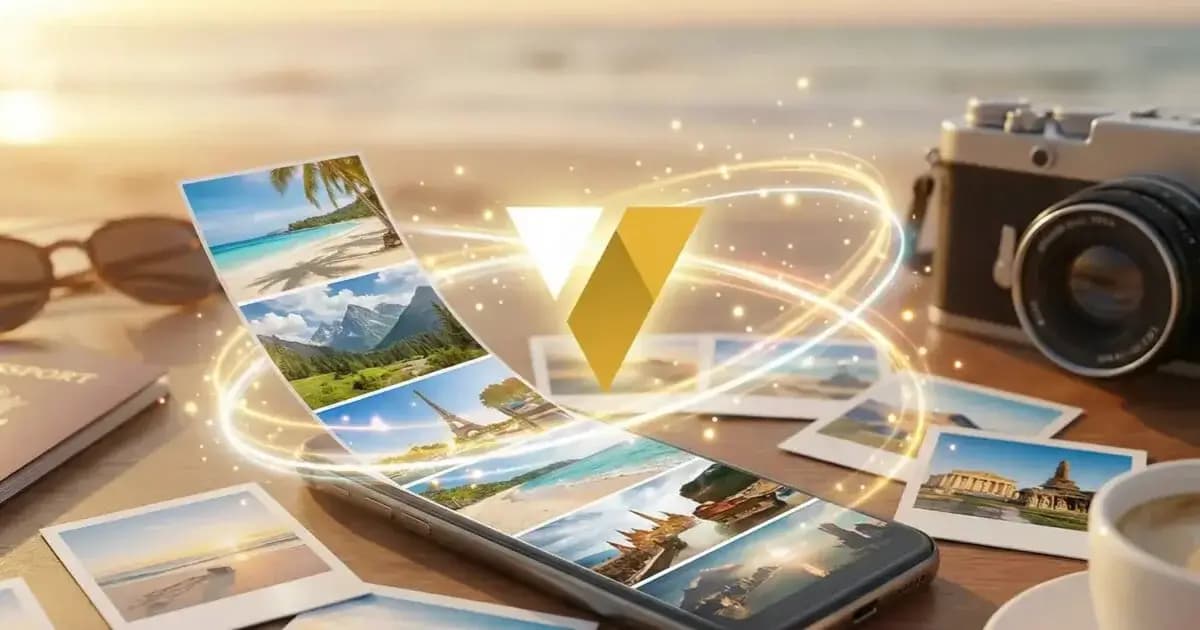VideoVenture AI transforming vacation photos from a smartphone into a glowing video filmstrip