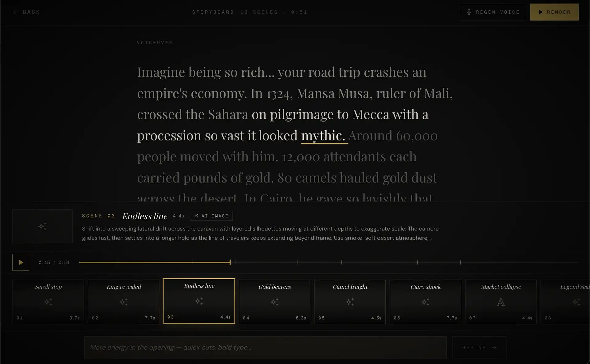 The new VideoVenture Storyboard UI showing voiceover-to-scene mapping