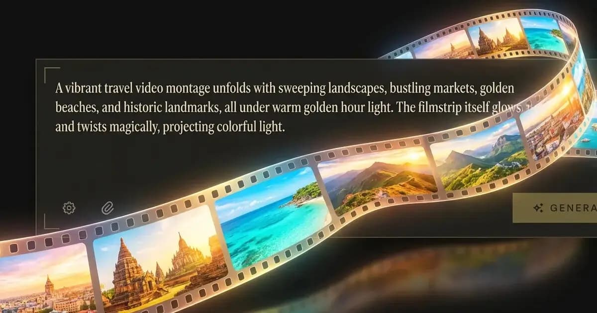 A glowing text box hovering over a desk, generating a beautiful cinematic video filmstrip