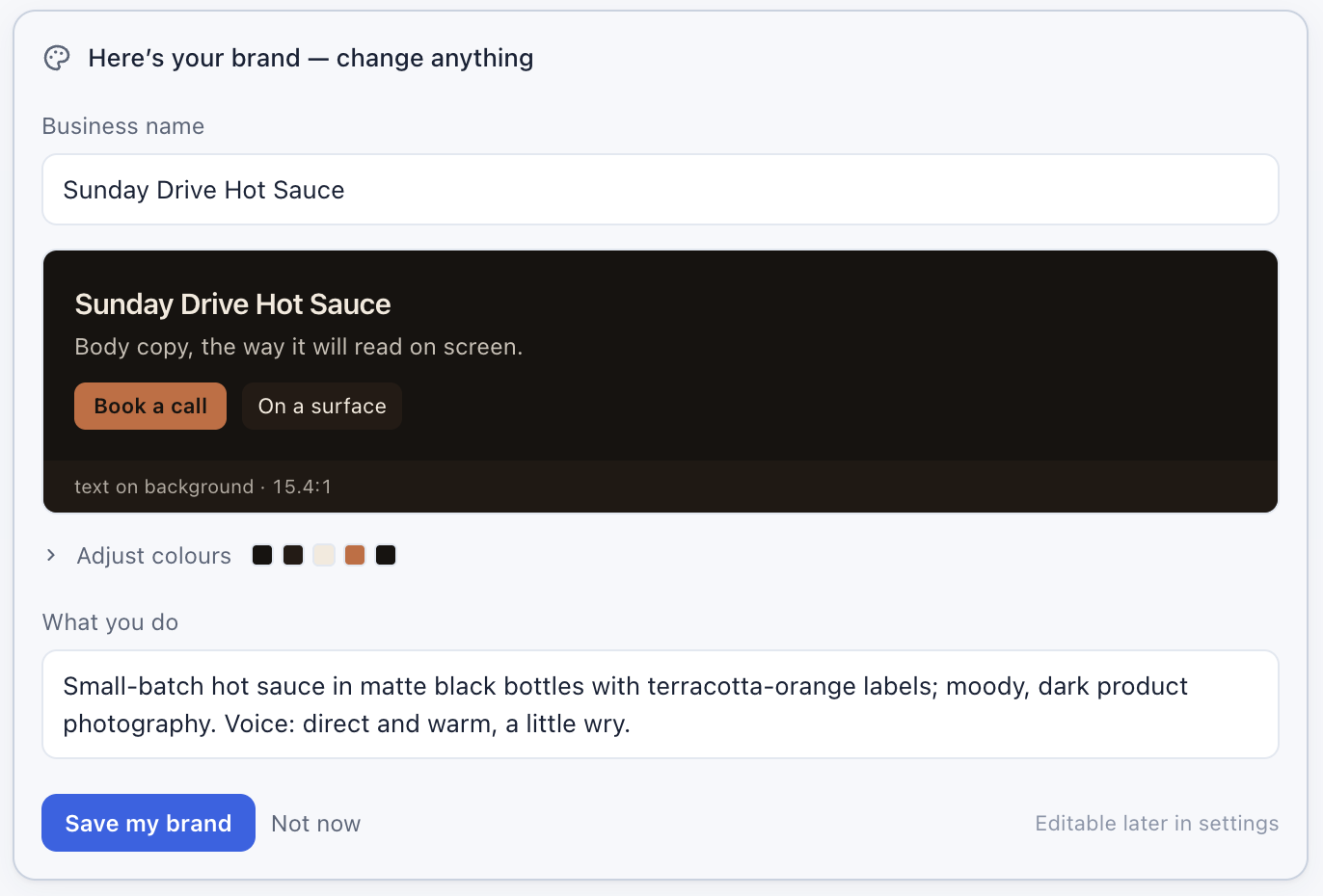 The studio's brand kit card for Sunday Drive Hot Sauce, with an on-brand preview, editable palette and business description