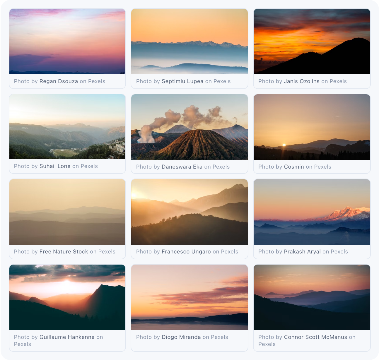 Stock search results inside the studio chat, each with photographer attribution beneath the thumbnail