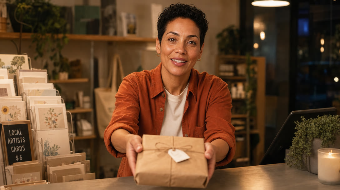 Maya handing a wrapped package across a boutique counter