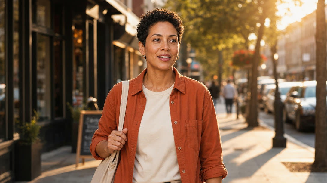 Maya walking a city sidewalk at golden hour