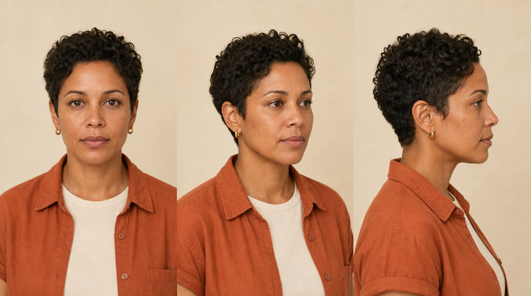 Maya's character sheet: the same character from the front, three-quarter and profile views